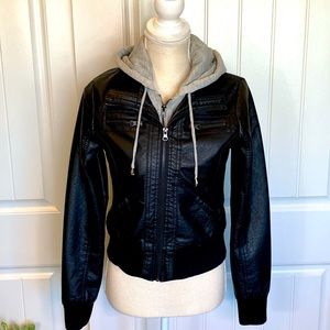 Comfortable Sweatshirt Hoodie Faux Leather Bomber Jacket